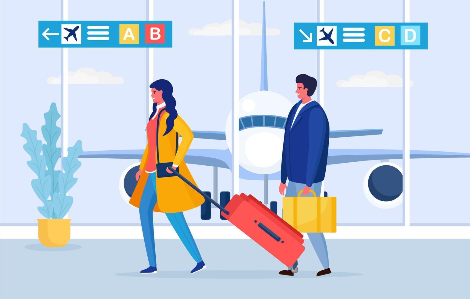 vrouw en man met koffer op de luchthaven. toerist met tas. mensen die op vakantie reizen. vector ontwerp