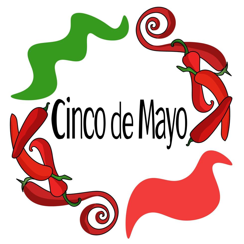 cinco de mayo, tekst in een frame gemaakt van rode en groene vlekken en fel hete rode peper, voor het ontwerp van een spandoek of ansichtkaart vector