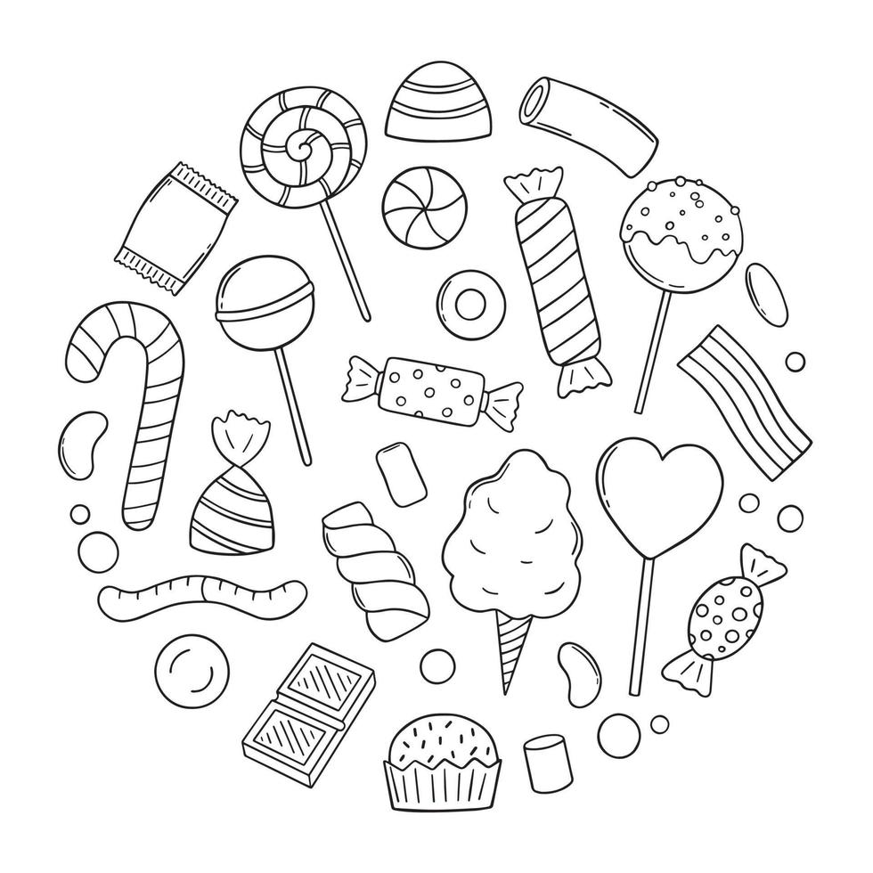 hand getekende set van snoep en snoep doodle. lolly, karamel, chocolade, marshmallow in schetsstijl. vectorillustratie geïsoleerd op een witte achtergrond. vector