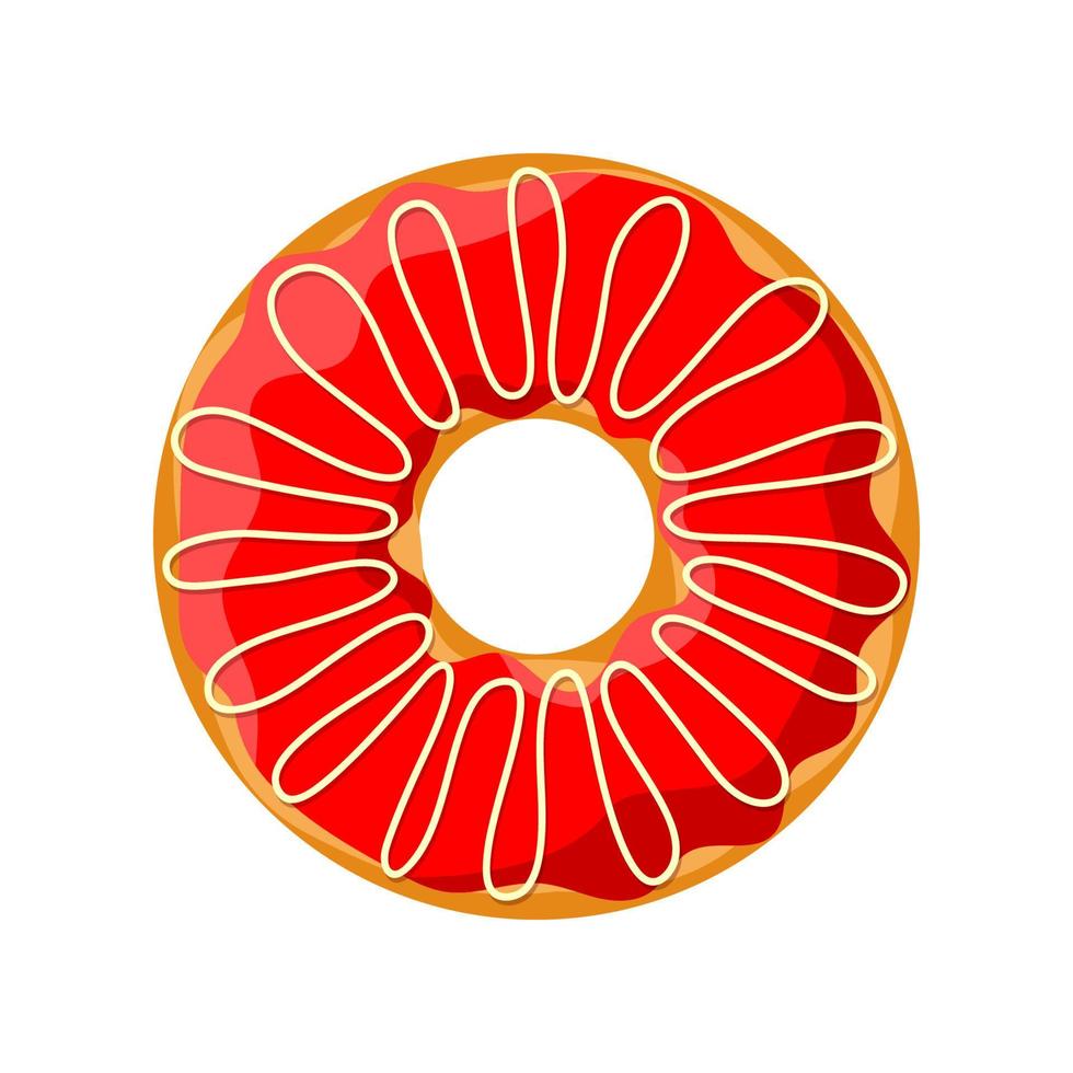 zoete kleurrijke smakelijke donut geïsoleerd op een witte achtergrond. rood geglazuurd en crème strip bovenaanzicht voor cake café decoratie of menu-ontwerp. heerlijke bakkerij vector eps illustratie