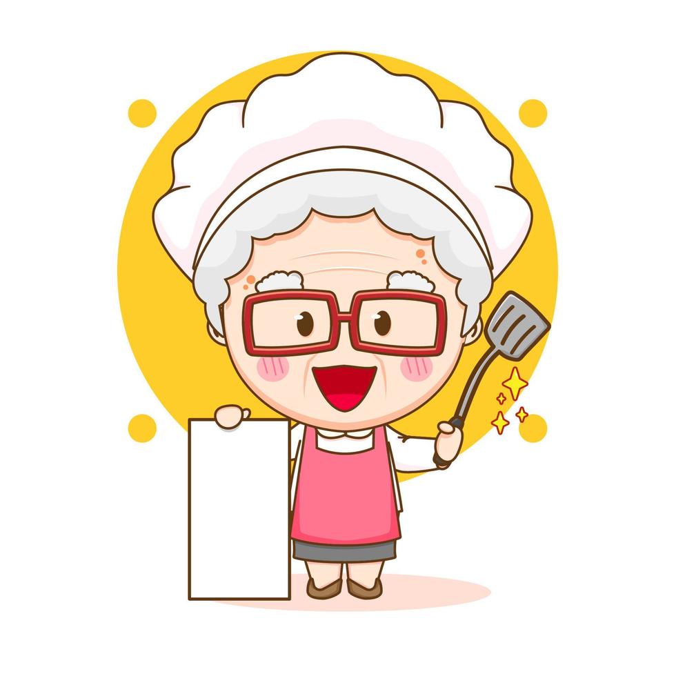 schattige chef-kok oma met leeg bord chibi handgetekende stripfiguur vector