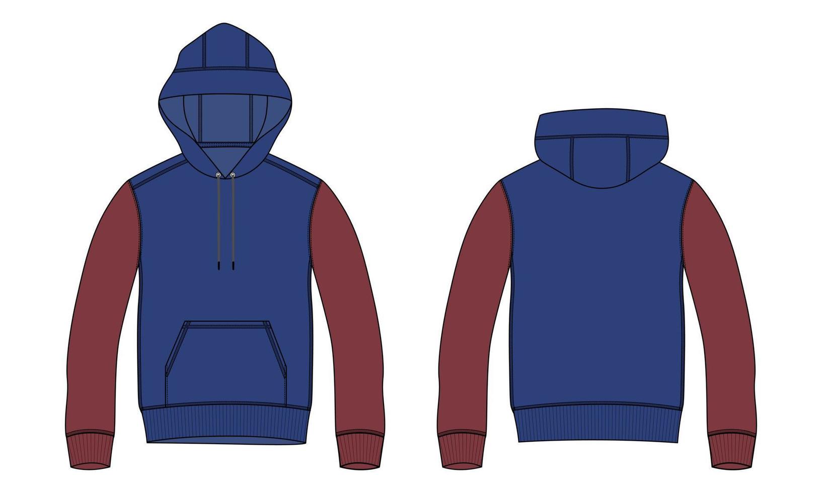 two tone blauwe en rode kleur lange mouw hoodie technische mode platte schets vector illustratie sjabloon voor- en achterkant uitzicht geïsoleerd op een witte achtergrond.