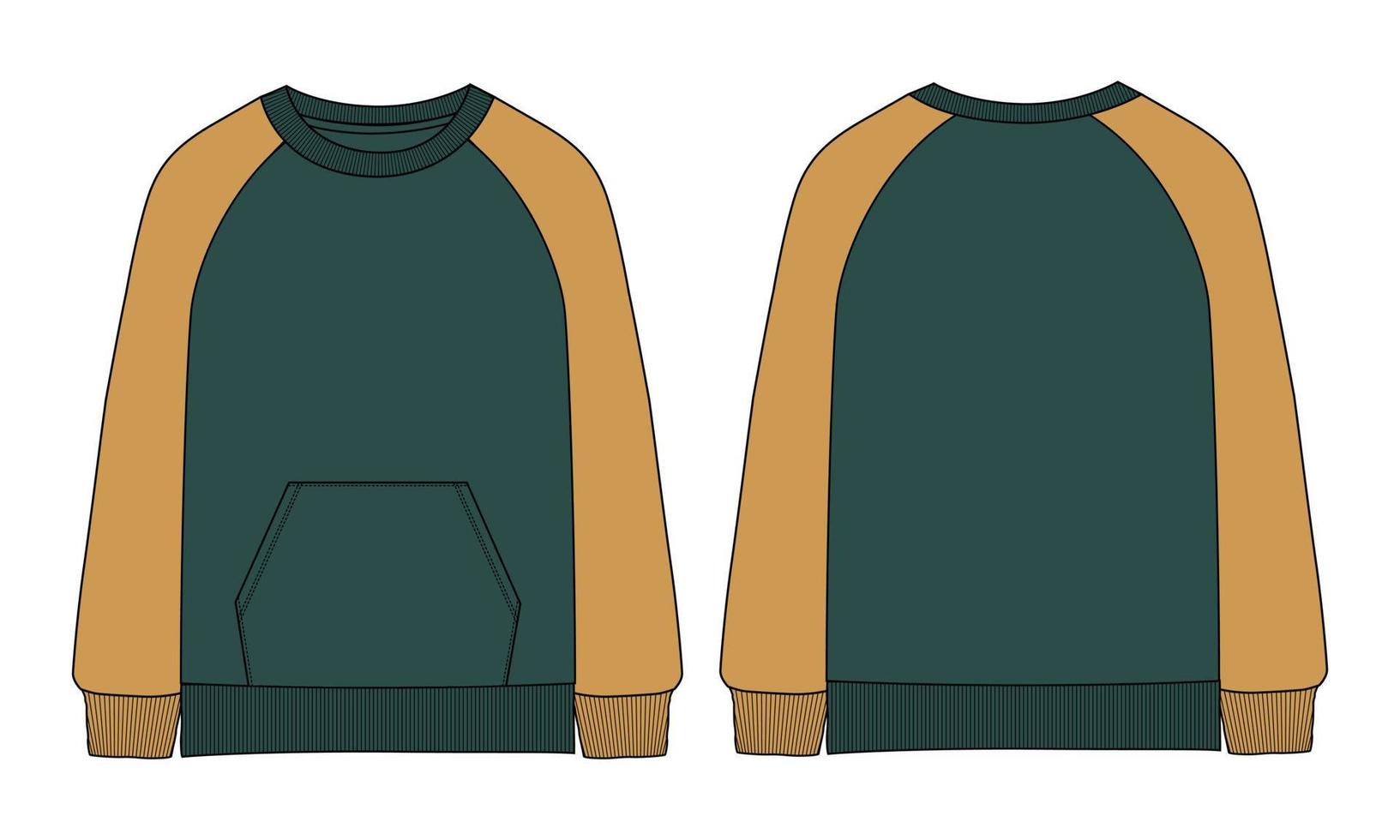 two tone groene en gele kleur lange mouw sweatshirt technische mode platte schets vector illustratie sjabloon voor- en achterkant uitzicht geïsoleerd op een witte achtergrond.