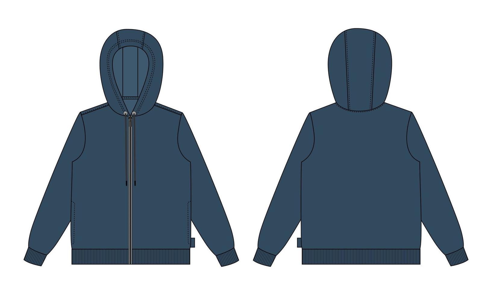 lange mouw hoodie technische mode platte schets vector illustratie marineblauwe kleur sjabloon voor- en achterkant uitzicht geïsoleerd op een witte achtergrond.