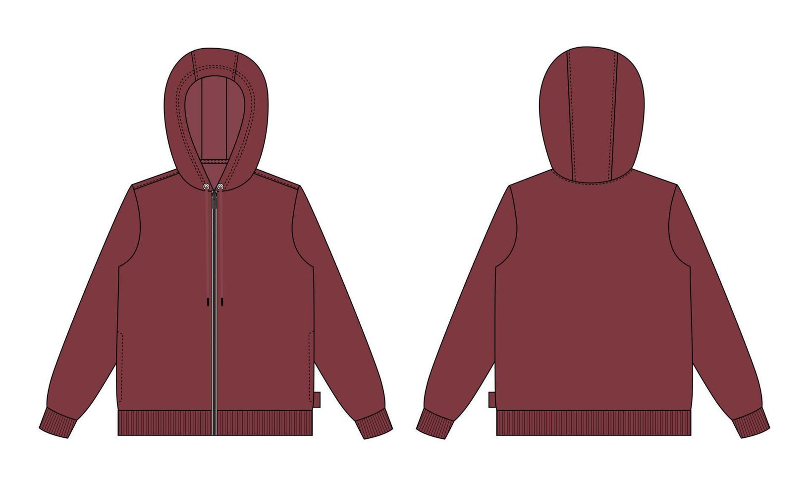 lange mouw hoodie technische mode platte schets vector illustratie rode kleur sjabloon voor- en achterkant uitzicht geïsoleerd op een witte achtergrond.