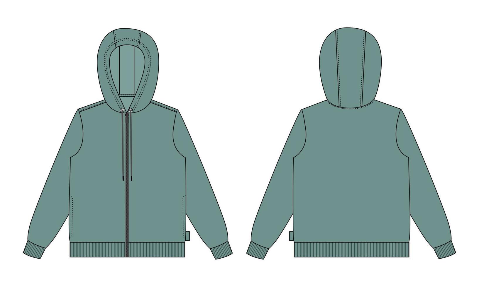 lange mouw hoodie technische mode platte schets vector illustratie groene kleur sjabloon voor- en achterkant uitzicht geïsoleerd op een witte achtergrond.