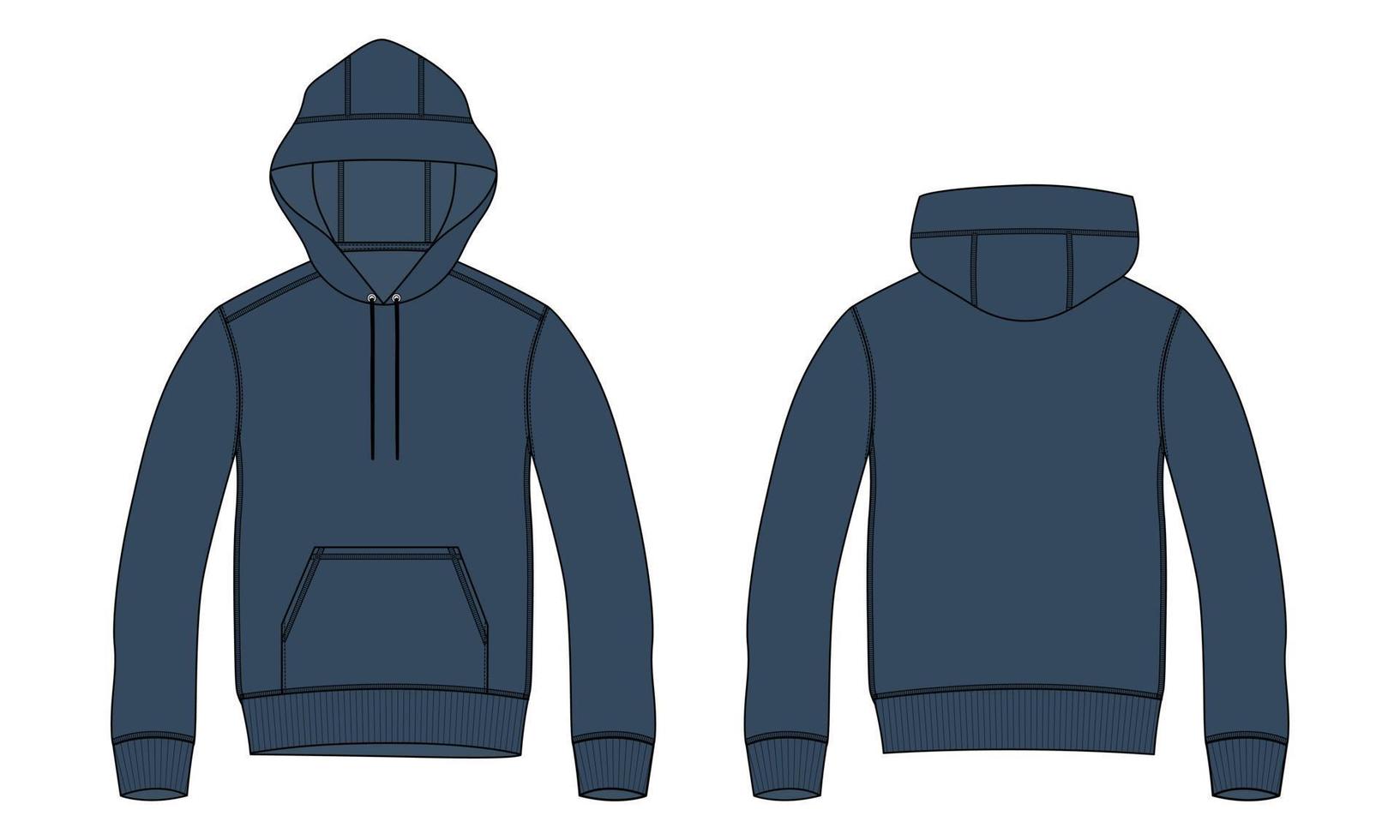 lange mouw hoodie technische mode platte schets vector illustratie marineblauwe kleur sjabloon voor- en achterkant uitzicht geïsoleerd op een witte achtergrond.
