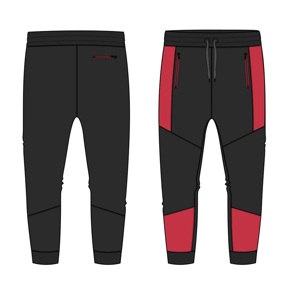 fleece jersey sweatbroek met knippen en naaien technische mode platte schets zwarte kleur sjabloon. kleding jogger broek vector illustratie mock up voor kinderen en jongens. mode ontwerp tekening cad