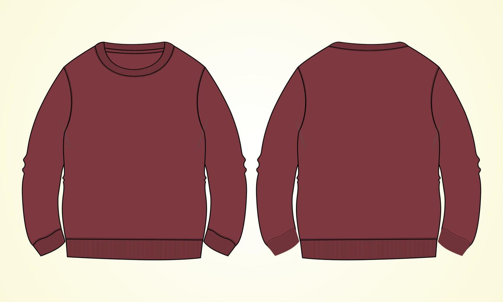 brontekst ronde hals sweatshirt met lange mouwen algemeen mode plat schets technische tekening vector rode kleur sjabloon voor heren. jurk ontwerp mockup cad illustratie.