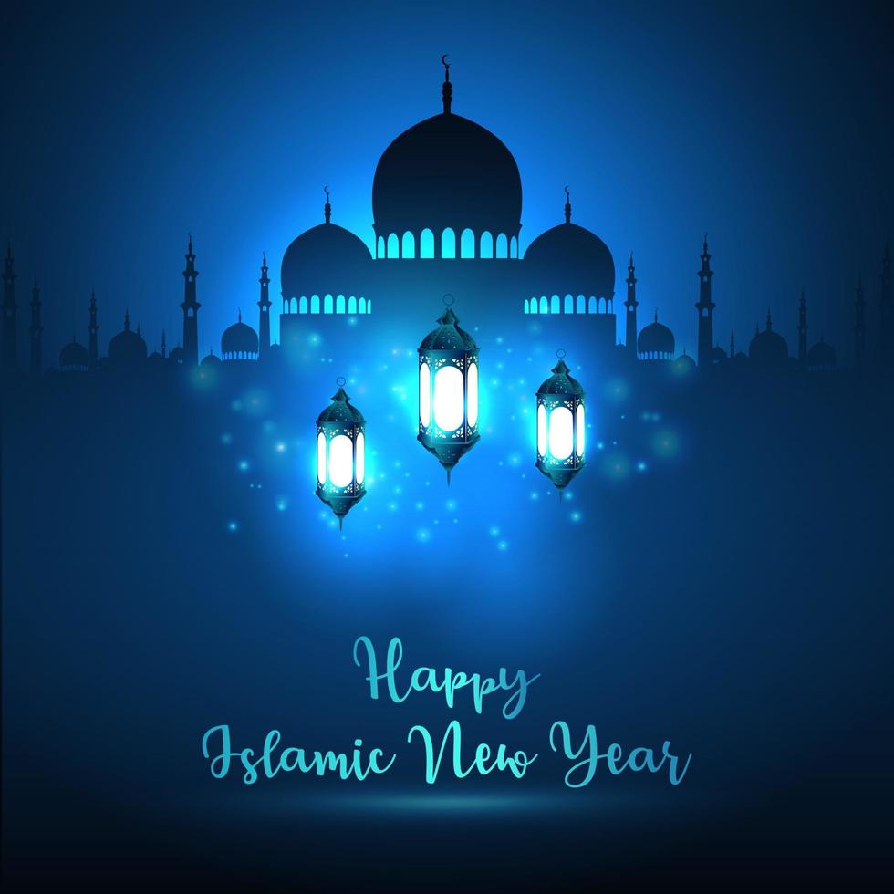 gelukkig islamitisch nieuwjaar met silhouetmoskee en blauwe glanzende lantaarn vector