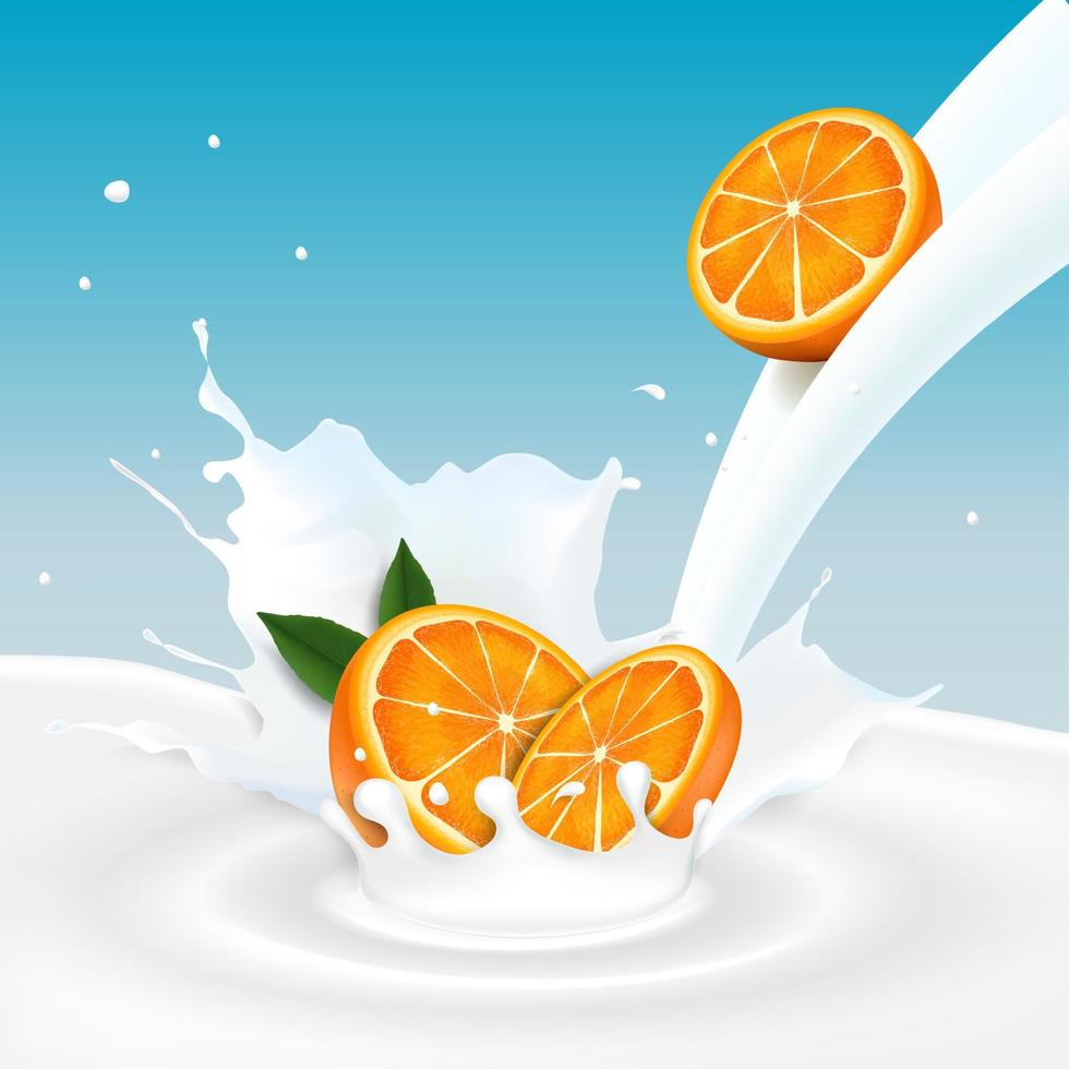 sinaasappelfruit en melkplons vector