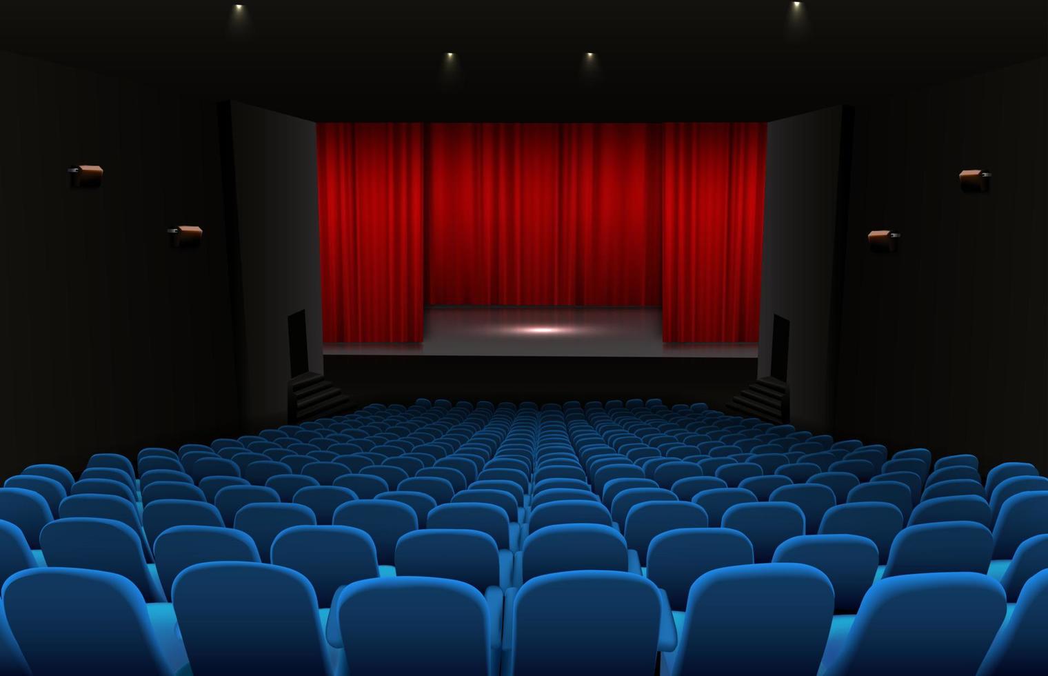 theaterpodium met rode gordijnen en blauwe stoelen vector