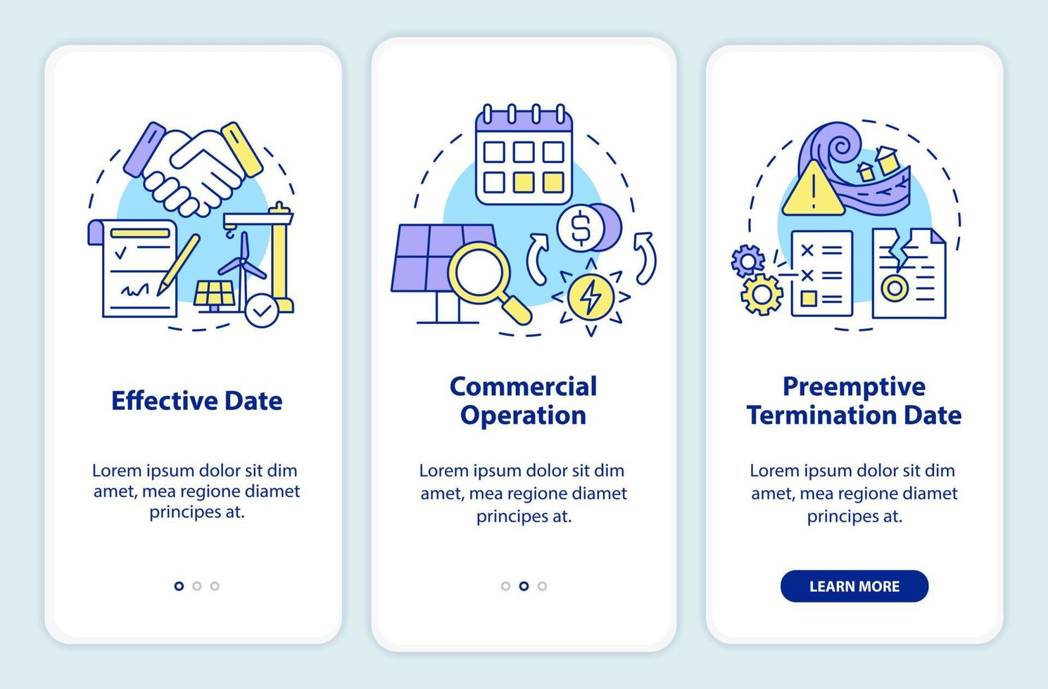 contracttijdlijn van ppa onboarding mobiele app-scherm vector