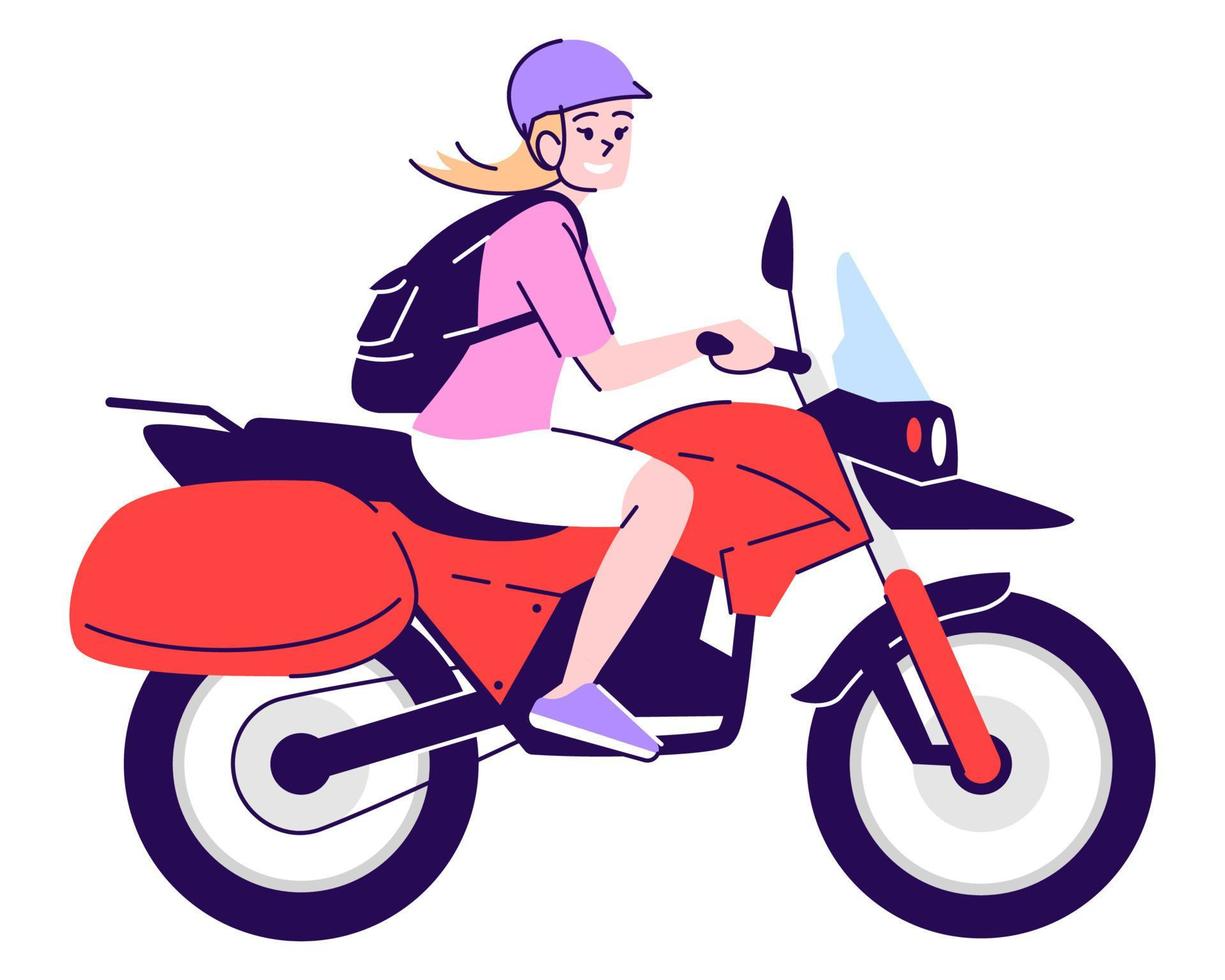 lachende meisje rijden motorfiets semi platte rgb kleur vectorillustratie vector