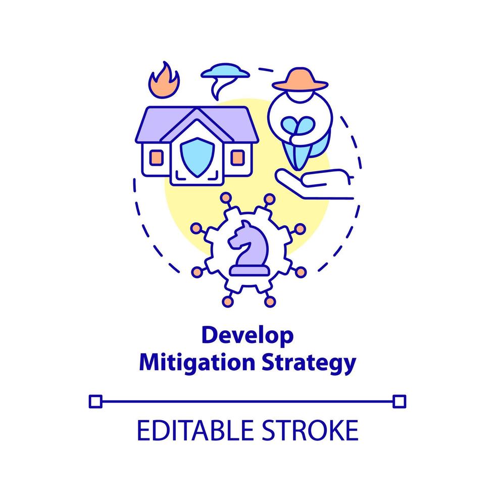 ontwikkel het conceptpictogram van de mitigatiestrategie. natuurramp schade abstracte idee dunne lijn illustratie. geïsoleerde overzichtstekening. bewerkbare streek. roboto-medium, talloze pro-bold lettertypen gebruikt vector