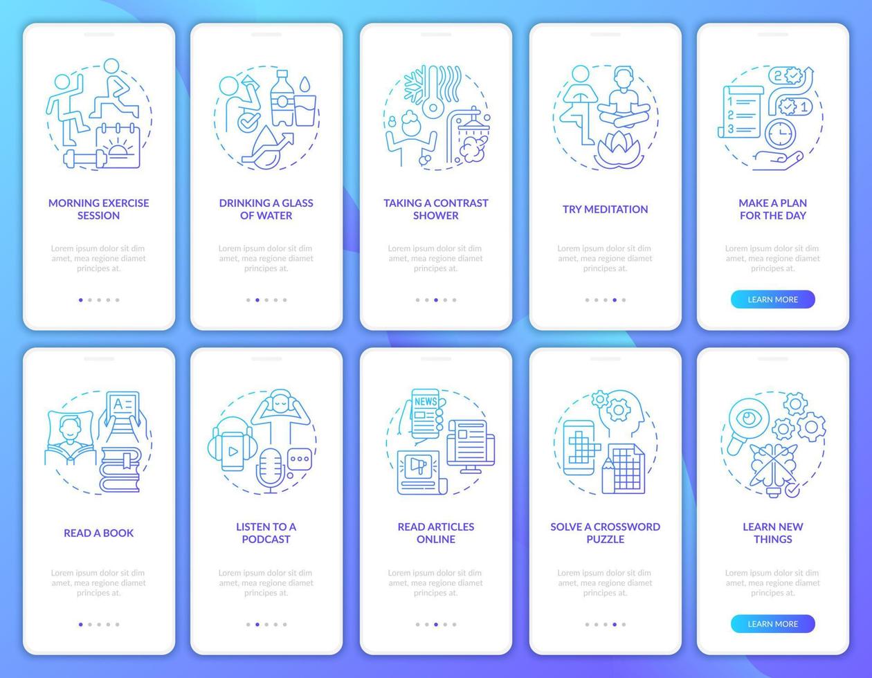 ochtendroutine blauwe gradiënt onboarding mobiele app-schermset. wellness walkthrough 5 stappen grafische instructiepagina's met lineaire concepten. ui, ux, gui-sjabloon. talloze pro-bold, reguliere lettertypen gebruikt vector