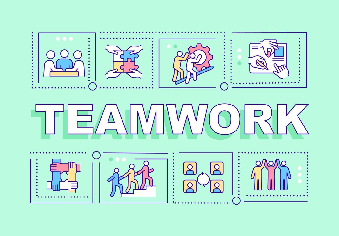 teamwork woord concepten groene banner. productief team bouwen. infographics met lineaire pictogrammen op de achtergrond. geïsoleerde typografie. vectorkleurenillustratie met tekst. arial-zwart lettertype gebruikt vector