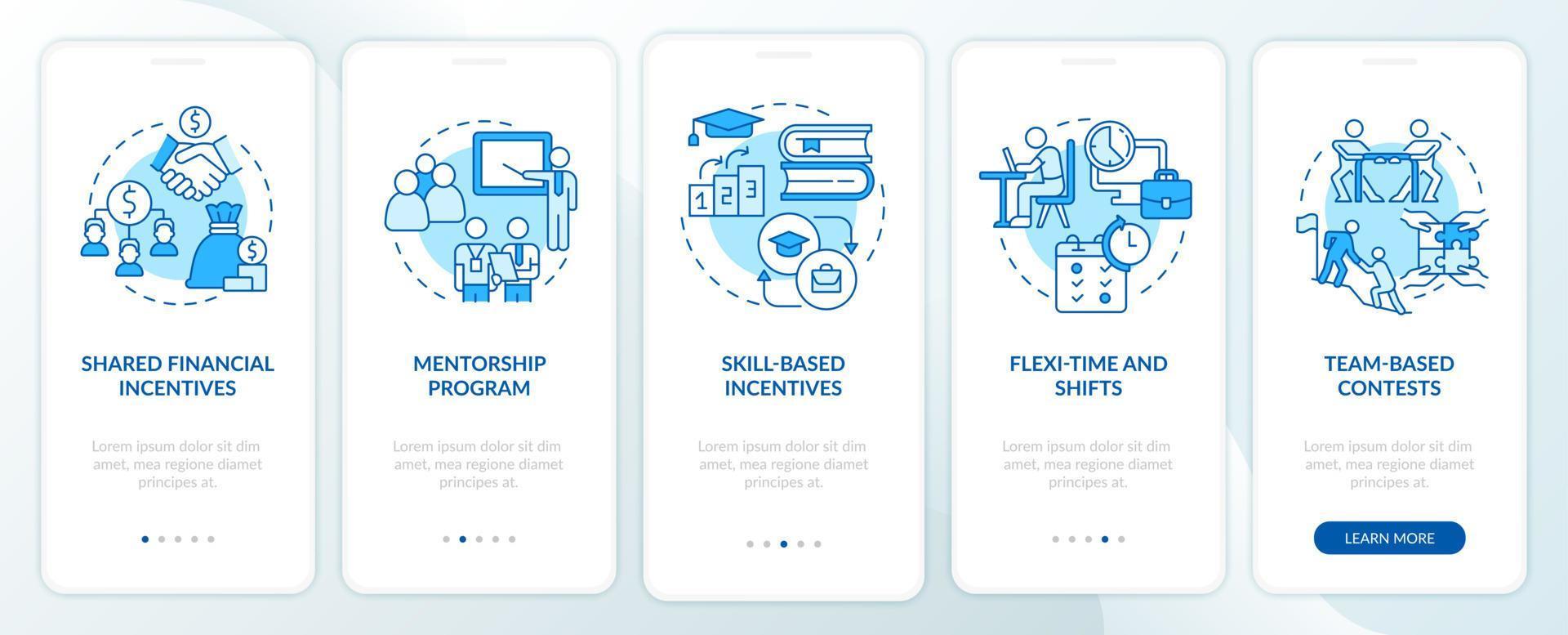 stimulerend teamwerk blauw onboarding mobiel app-scherm. motivatie walkthrough 5 stappen grafische instructiepagina's met lineaire concepten. ui, ux, gui-sjabloon. talloze pro-bold, reguliere lettertypen gebruikt vector