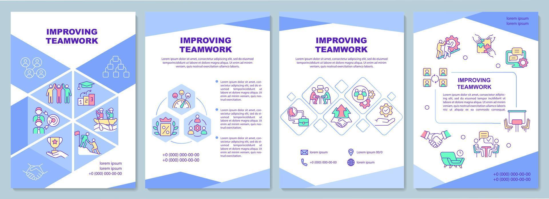 verbetering van teamwerk blauwe brochure sjabloon. succesvol werk. boekje afdrukontwerp met lineaire pictogrammen. vectorlay-outs voor presentatie, jaarverslagen, advertenties. arial-black, talloze pro-reguliere lettertypen gebruikt vector