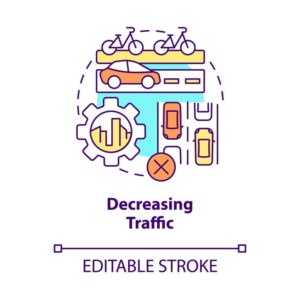 afnemend verkeersconcept icoon. scooter delen voordeel abstracte idee dunne lijn illustratie. fietsvriendelijke infrastructuur. slimme mobiliteit. vector geïsoleerde omtrek kleur tekening. bewerkbare streek