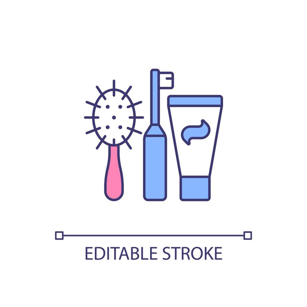 persoonlijke hygiëne producten rgb kleur icoon. tandenborstel met tandpasta. essentiële voorwerpen. haar kam. vrouwenverzorgingspakket. geïsoleerde vectorillustratie. eenvoudige gevulde lijntekening. bewerkbare streek vector