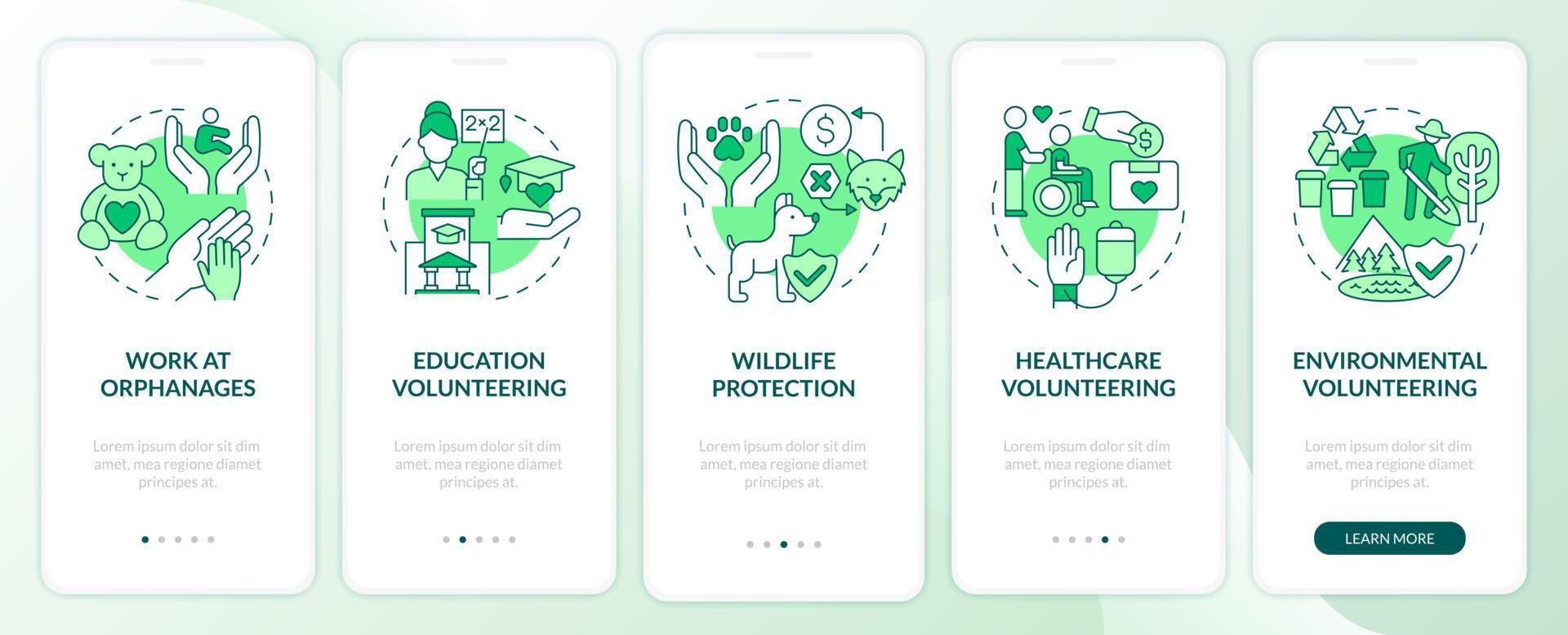 vrijwilligerswerk groene onboarding mobiele app paginascherm. sociale hulpverlening 4 stappen grafische instructies met concepten. ui, ux, gui vectorsjabloon met lineaire kleurenillustraties vector