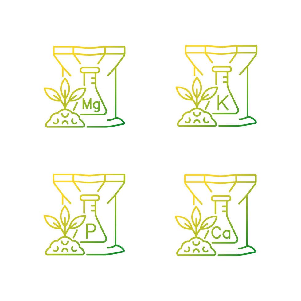 chemische meststof gradiënt lineaire vector iconen set. anorganische supplementen voor grond en planten. rijk aan magnesium. dunne lijn contour symbolen bundel. geïsoleerde overzicht illustraties collectie