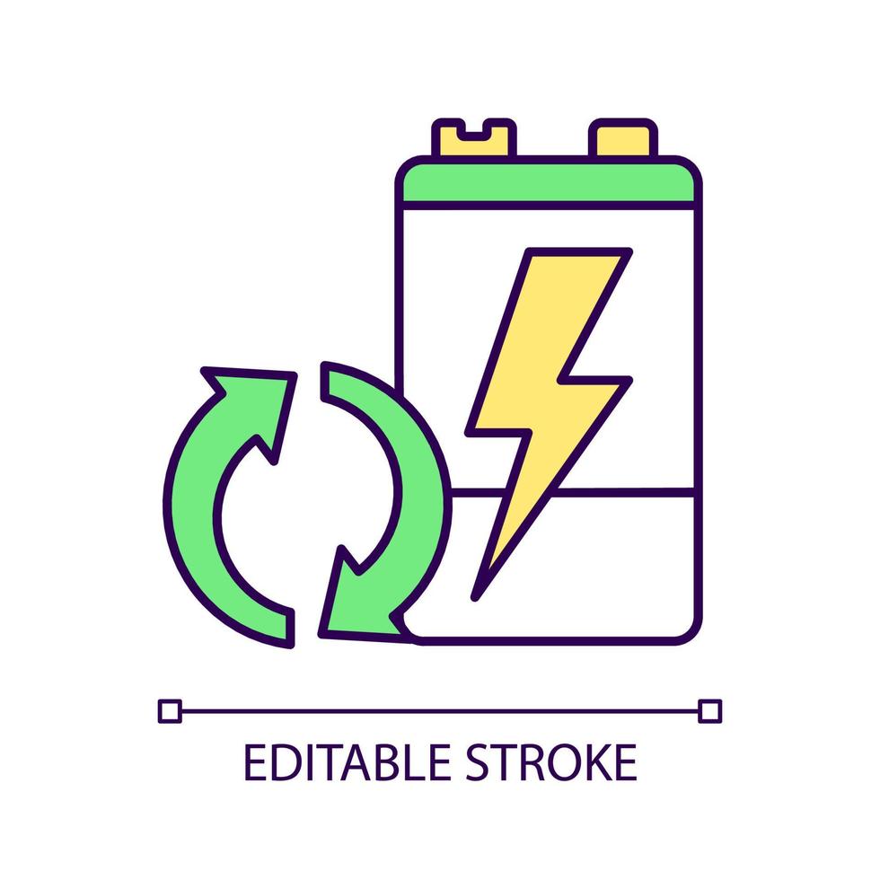 recyclebaar batterij rgb-kleurpictogram. oude accu's hergebruiken. terugwinning van waardevolle materialen. preventie van grondstoffenverspilling. circulaire economie. geïsoleerde vectorillustratie. eenvoudige gevulde lijntekening vector