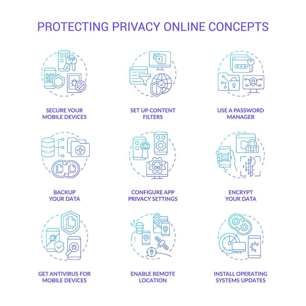 bescherming van privacy online concept pictogrammen instellen. persoonlijke gegevens veiligheid online idee dunne lijn kleurenillustraties. tips om informatie van hackers te bewaren. vector geïsoleerde overzichtstekeningen