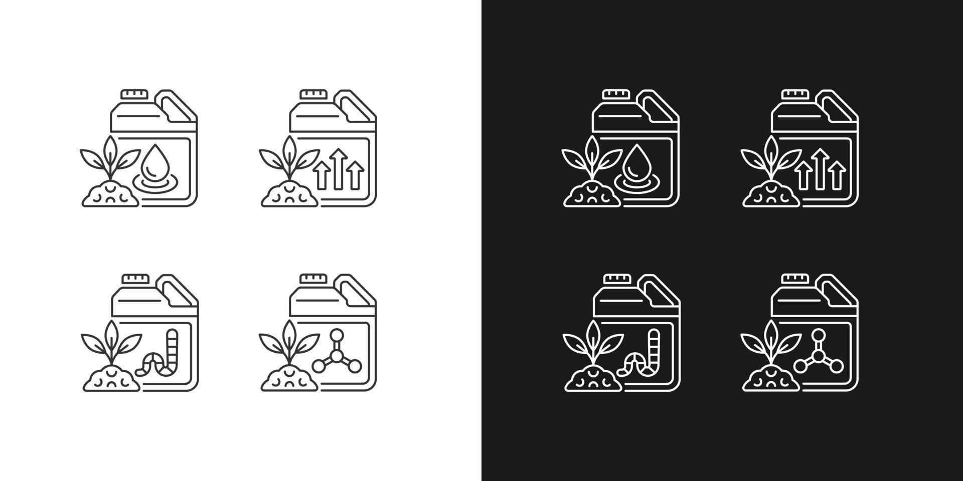 vloeibare supplementen lineaire pictogrammen instellen voor donkere en lichte modus. vloeibare meststof voor grond en wortels. aanpasbare dunne lijn symbolen. geïsoleerde vectoroverzichtsillustraties. bewerkbare streek vector