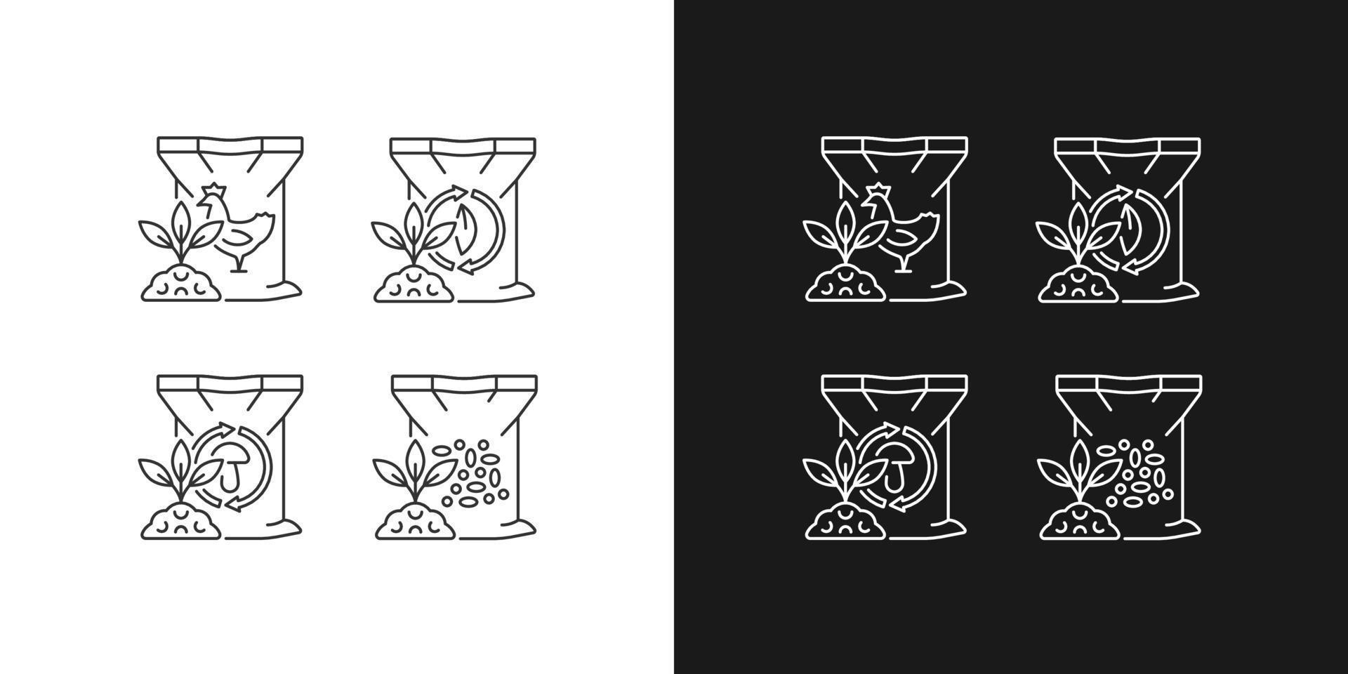 bijproduct meststoffen lineaire pictogrammen instellen voor donkere en lichte modus. organische supplementen voor de bodem. natuurlijke toevoegingen. aanpasbare dunne lijn symbolen. geïsoleerde vectoroverzichtsillustraties. bewerkbare streek vector