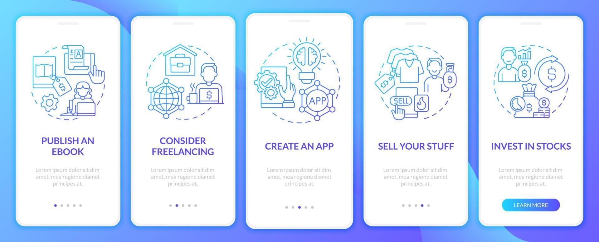 manieren om geld te verdienen met het onboarding-paginascherm van de mobiele app. investering in aandelen walkthrough 5 stappen grafische instructies met concepten. ui, ux, gui vectorsjabloon met lineaire kleurenillustraties vector