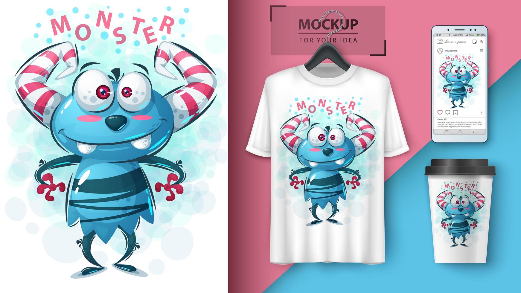 schattig blauw monster met hoorns ontwerp vector