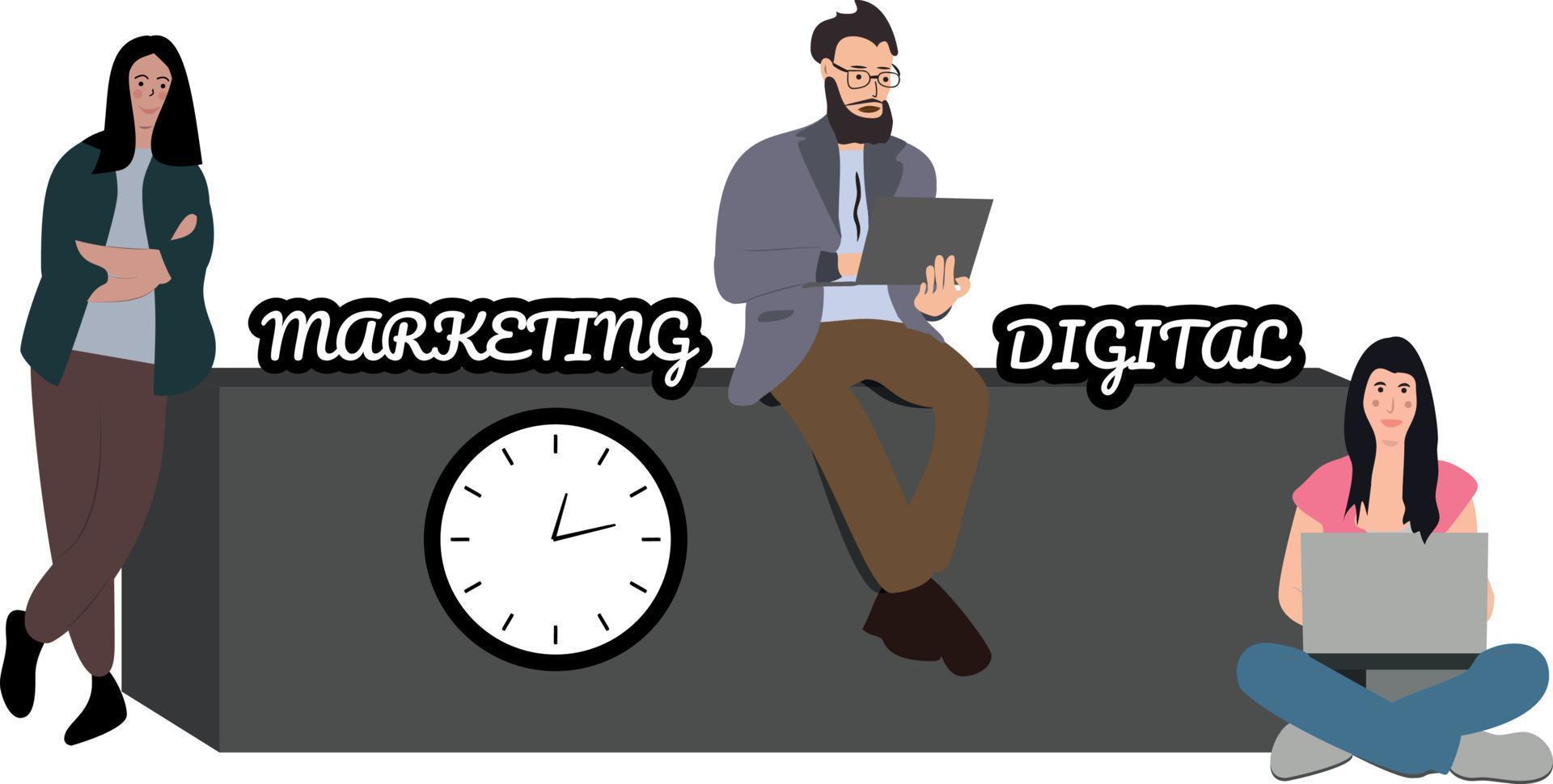 groep mensen die op pc werken in digitale marketing en seo-consulting vector