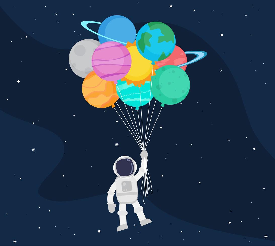 astronaut cartoon zwevend met ballonplaneten in de ruimte vector