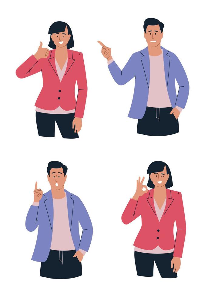 mensen. vrouw en man met verschillende emoties en gebaren. presentatie. set van vectorafbeeldingen. vector