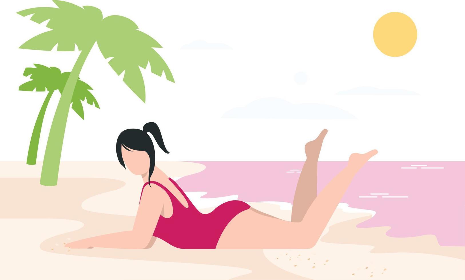 het meisje neemt een zonnebad op het strand. vector