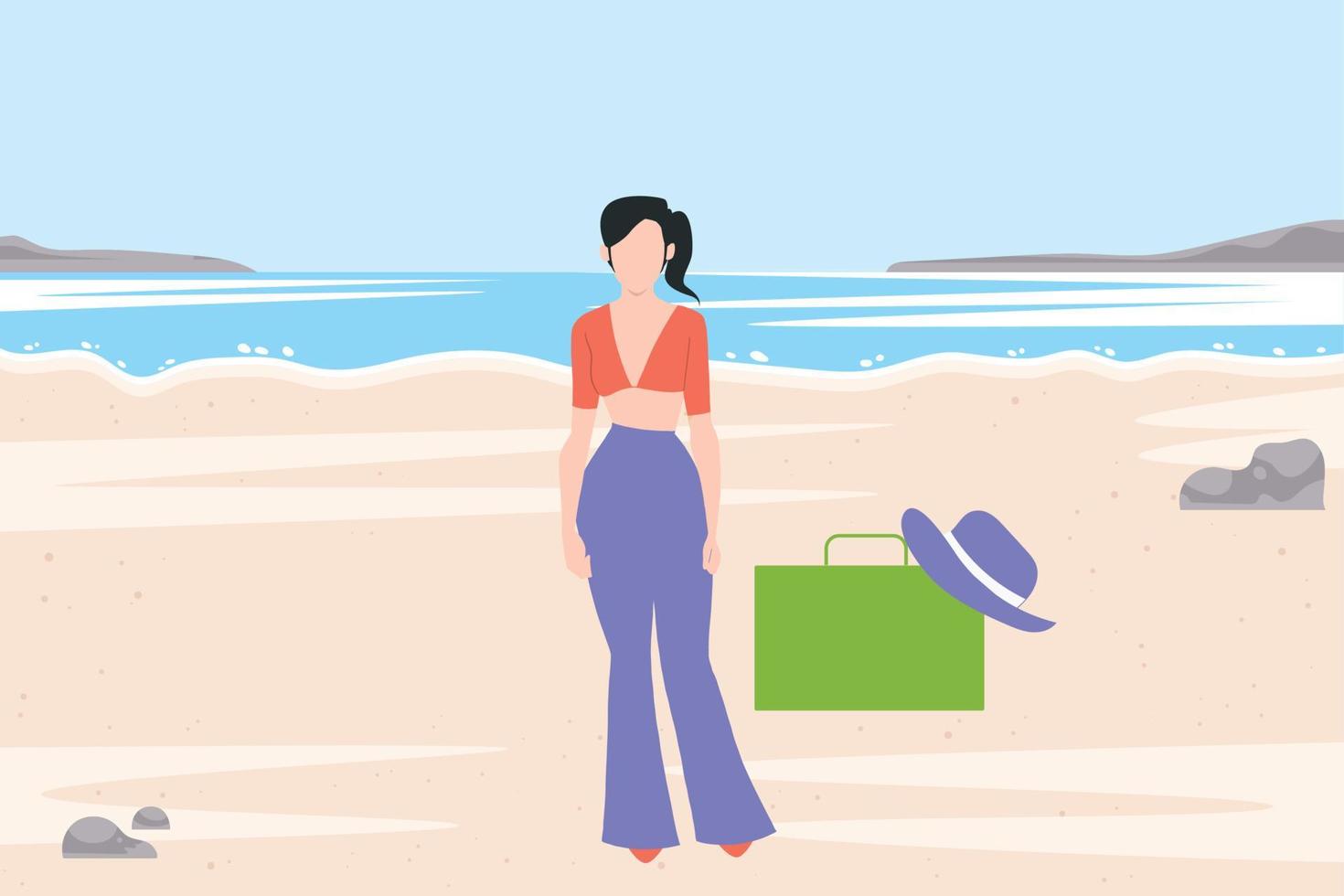 het meisje is op een strand voor vakantie. vector