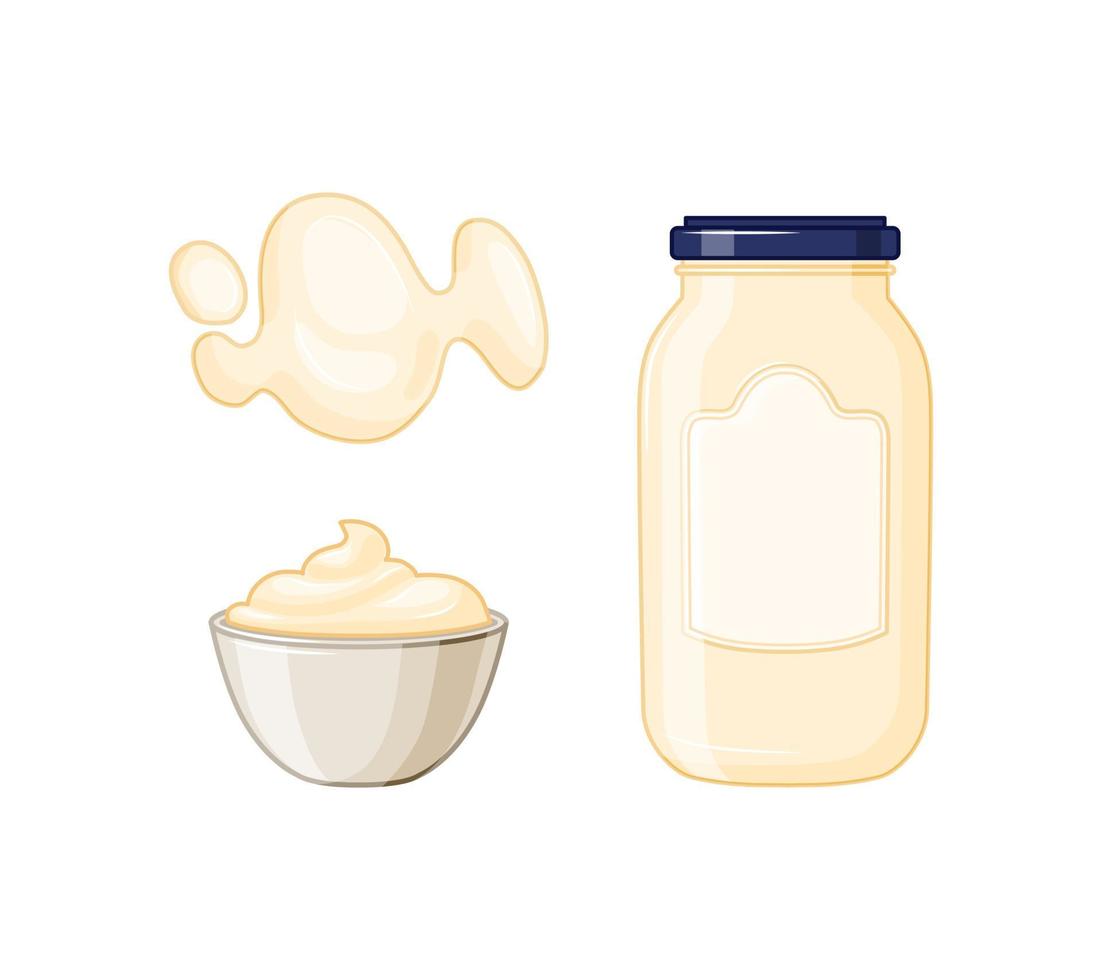 set pictogrammen voor voedselverpakking, lay-out. een glazen fles mayonaise in cartoonstijl. vectorillustratie. vector