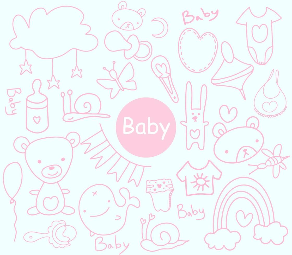 schetsmatige hand getrokken doodle cartoon set objecten en symbolen op het baby-thema. handgemaakte ontwerp vector pasgeboren.