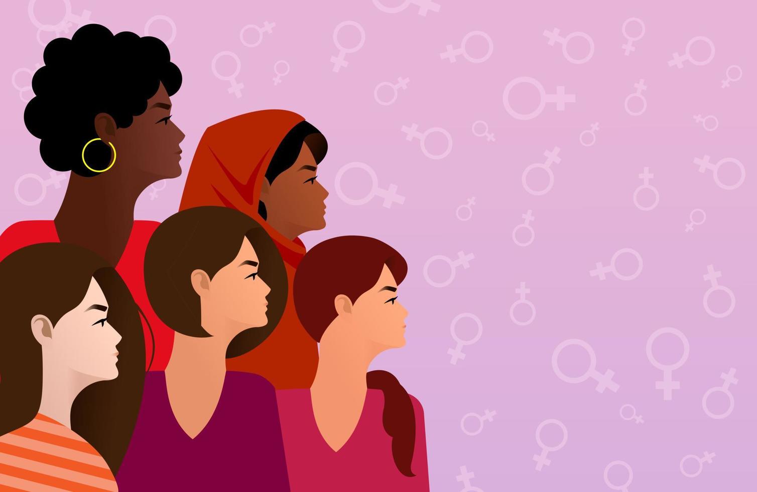 internationale Vrouwendag. vectorillustratie van vijf gelukkig lachend diverse vrouwen die samen staan. vector