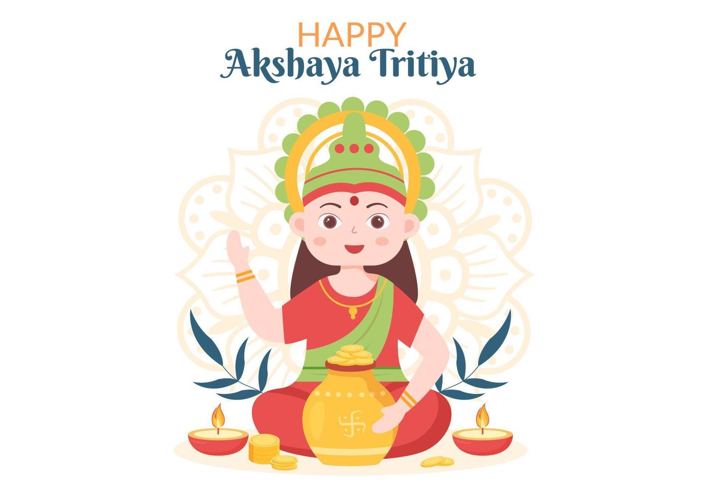 Akshaya Tritiya-festival met een gouden kalash, pot en gouden munten voor dhanteras-viering met maa lakshmi op indiaan in versierde achtergrondsjabloonillustratie vector