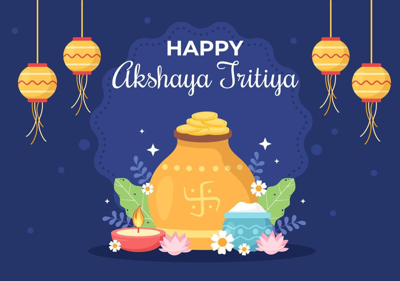 Akshaya Tritiya-festival met een gouden kalash, pot en gouden munten voor dhanteras-viering op indiaan in versierde achtergrondsjabloonillustratie vector