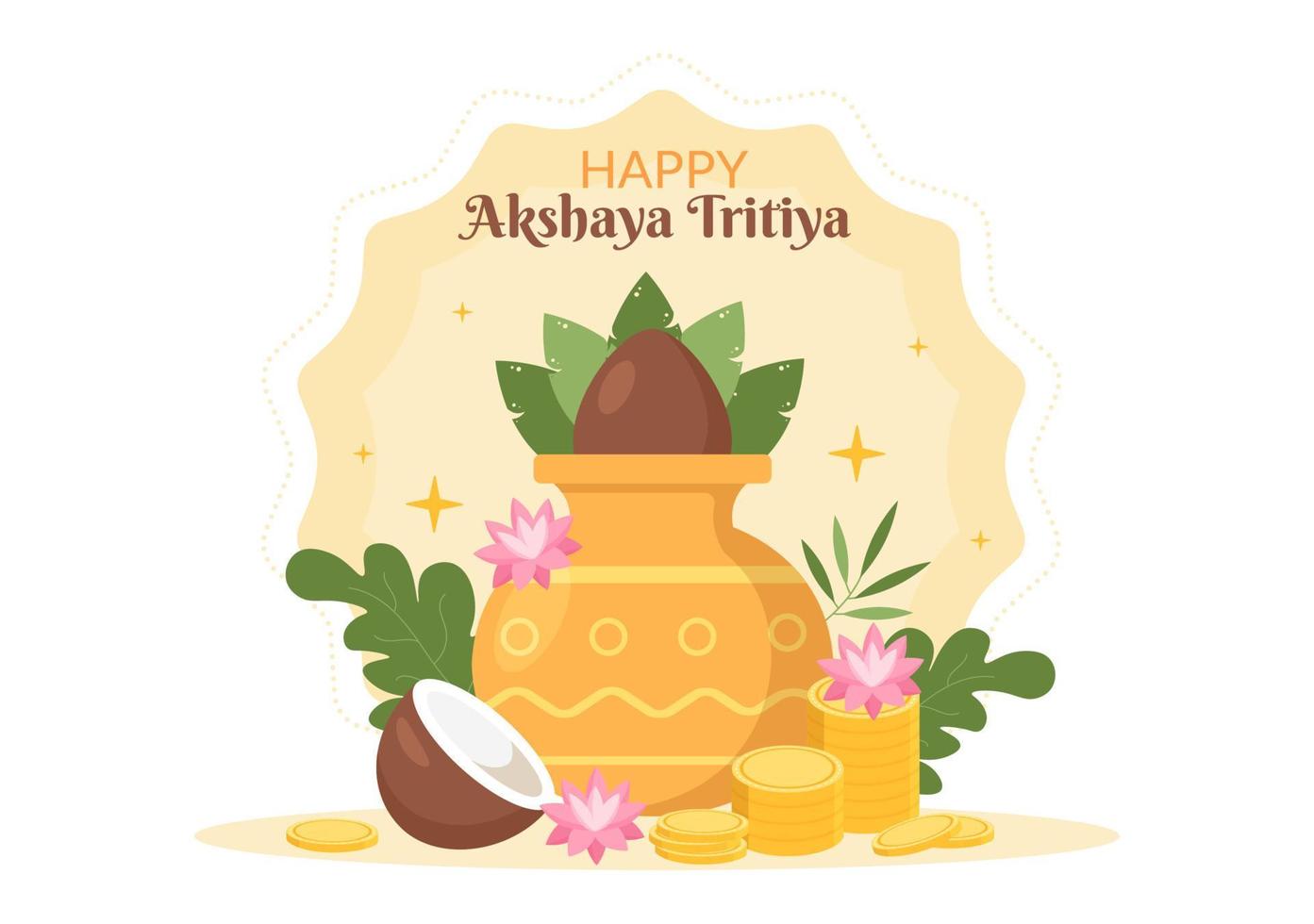 Akshaya Tritiya-festival met een gouden kalash, pot en gouden munten voor dhanteras-viering op indiaan in versierde achtergrondsjabloonillustratie vector