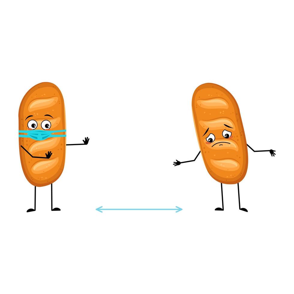 schattig broodkarakter met droevige emoties, gezicht en masker houden afstand, armen en benen. bakker, zelfgemaakt gebak met zorguitdrukking. platte vectorillustratie vector