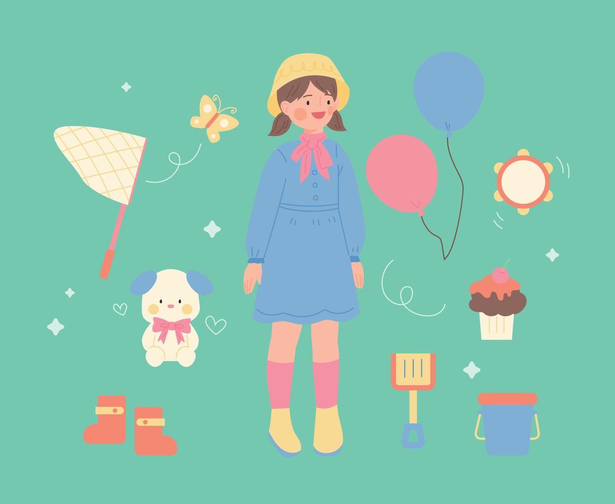 schattig klein meisje in een hoed en een rok. ze heeft schattig speelgoed om haar heen. vector
