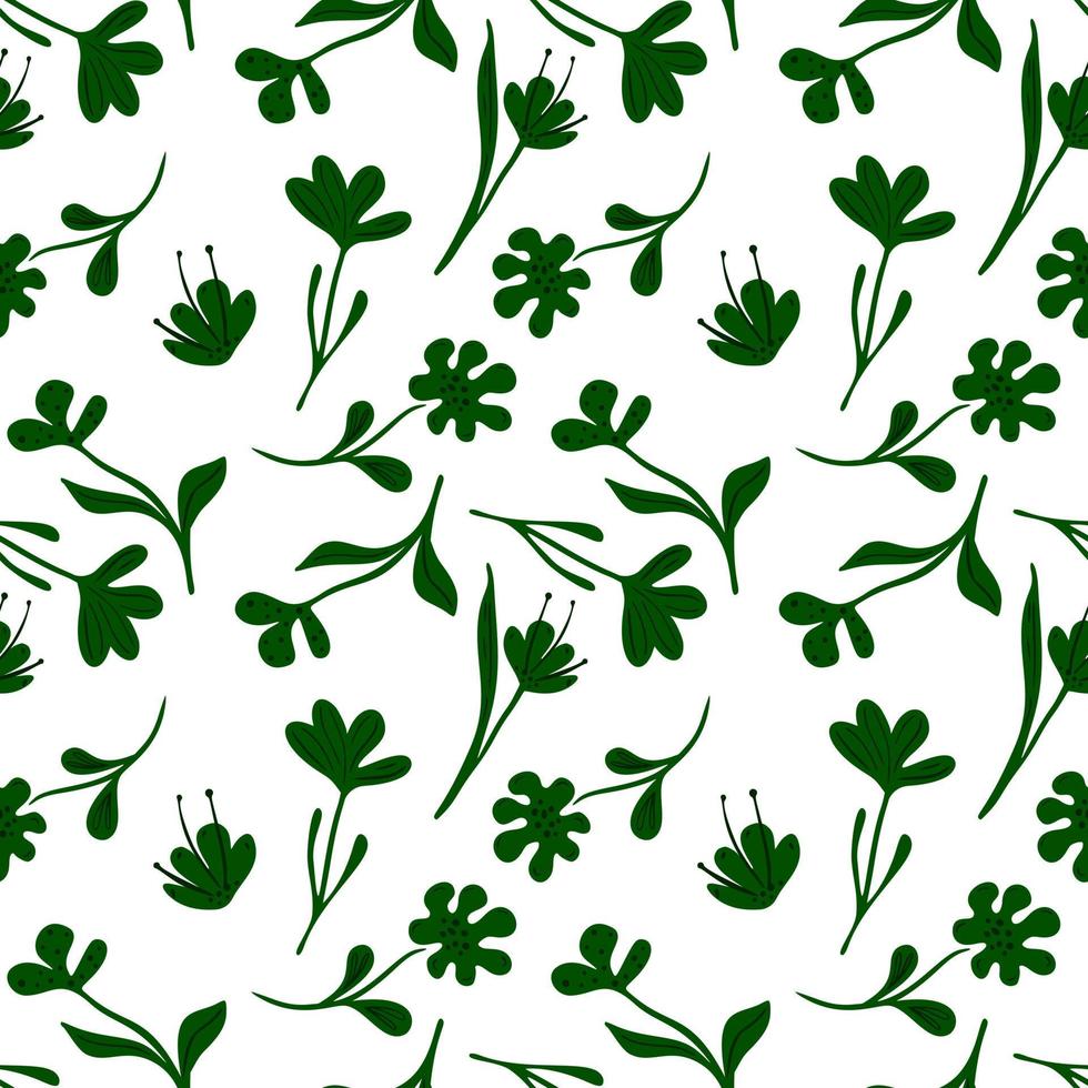 abstracte kleine naadloze bloemmotief op witte achtergrond. groene bloemenweide in krabbelstijl. vector