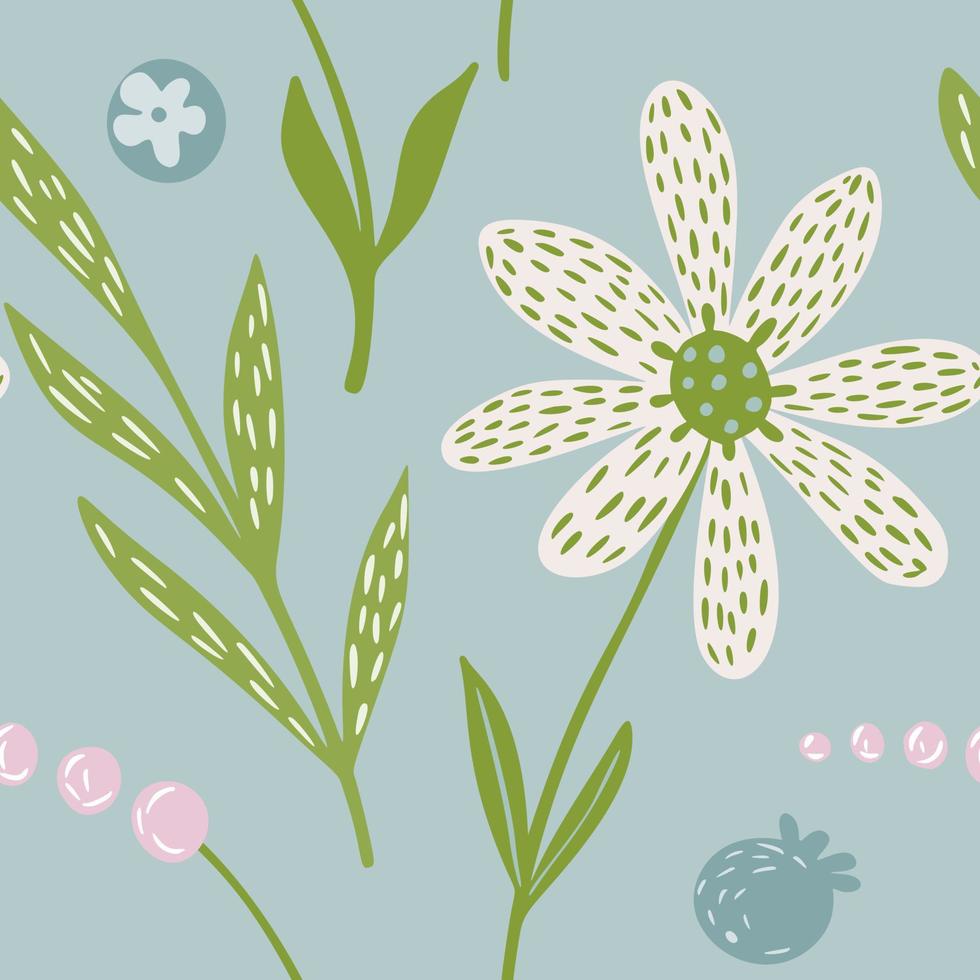 schattig naadloze bloemmotief op blauwe achtergrond. bloemen op weide in doodle stijl. vector