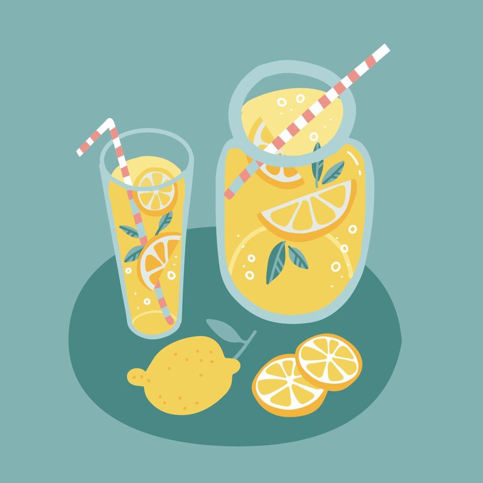 zomer limonade samenstelling met glas en pot natuurlijke drank en rijpe citroen en plakjes. platte hand getrokken geïsoleerde vectorillustratie. vector