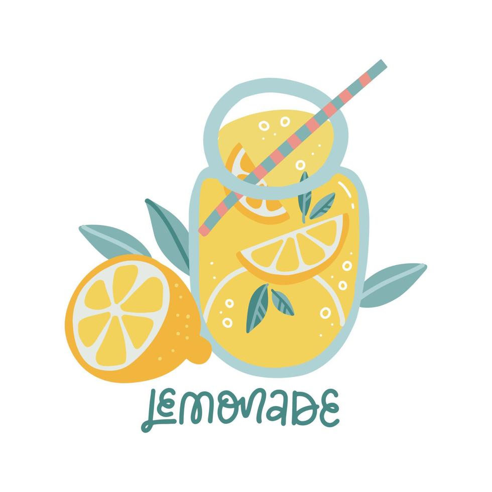 handgetekende schijfje citroen en pot met limonade met handgeschreven letters. geïsoleerde platte hand getrokken vectorillustratie. vector